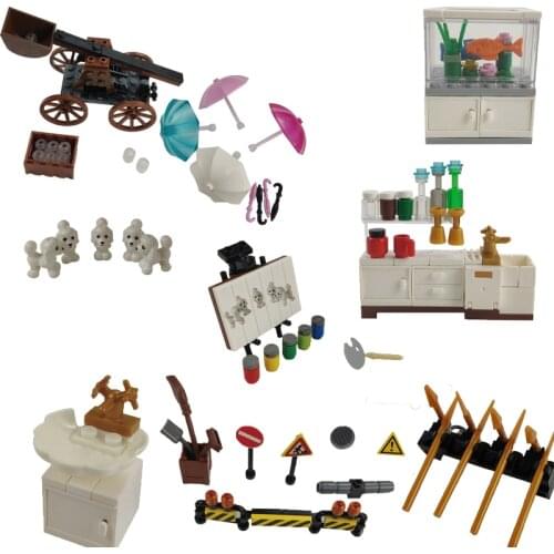 MOC City Aquarium Bar Umbrella Drawing Board Poodle Compatible With Classic Education Building Block Accessories Toy Set Cities