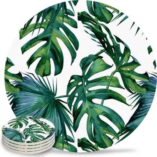 Classic Palm Leaves Tropical Jungle Green Ceramic Coasters Waterproof Tea Cup Mat Christmas Home Decor Coasters for Glasses