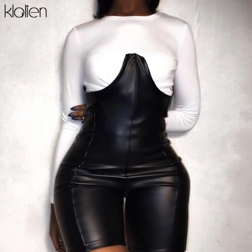 KLALIEN Fashion Simple Slim White Top and Black PU Leather Shorts Two Piece Set 2021 Spring New Casual Street Outfit Hot