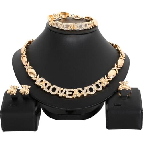 NEW Dubai Gold Jewelry Sets Nigerian Wedding African I LOVE YOU Bridal Necklace Set Rhinestone Ethiopian Jewelry parure