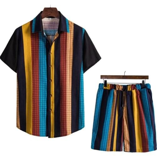 Mens Hawaiian Shirts and Shorts Two Piece Suits Men Short Sleeve Cotton Linen Striped Shirt Set Men Streetwear Harajuku Sets 5XL