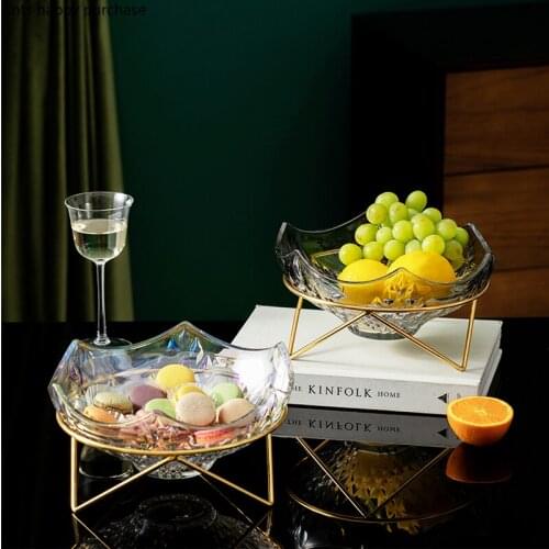 Wrought Iron Base Glass Fruit Plate Glass Bowl Candy Snack Tray Dessert Bowls Dishes Fruit Salad Bowl Decorative Plate Cake Pan