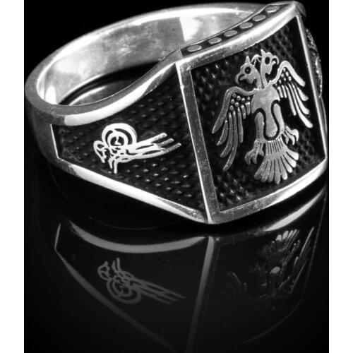 Square Silver Ring Double Birds Men Ring Great Seljuk Empire Ring Animal Men Accessory Handmade Ottoman Motif Ring