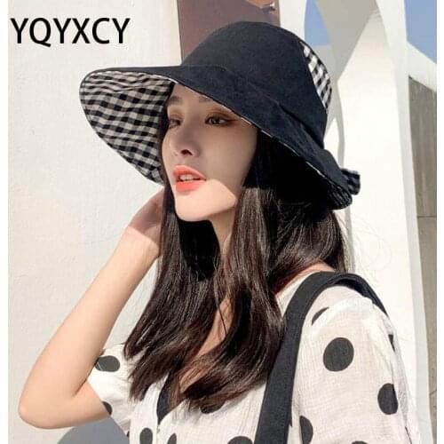 YQYXCY Bucket Hat Women Summer Spring Sunshade Fisherman Cap Fashion Sunscreen Bow Plaid Uv Protection Sun Hat Female Korean New