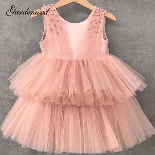 Blush O-Neck Pearls Short Flower Girl Dresses 2020 Simple Pleated Tiered Tulle A-Line Little Girl Wedding Party Dresses