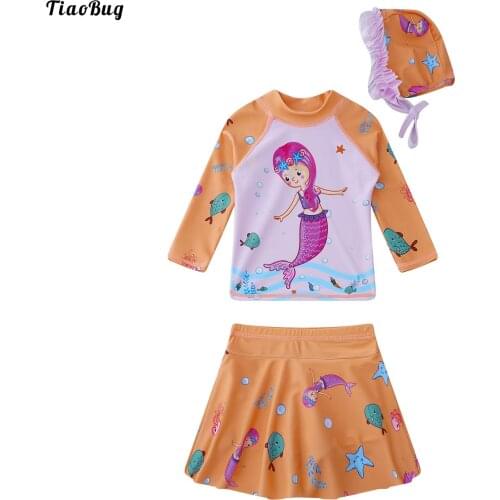 TiaoBug 3Pcs Kids Girls Swimsuit Stand Collar Long Sleeves Cartoon Mermaid Print Tops With Skirt And Hat Pool Bathing Rashguard