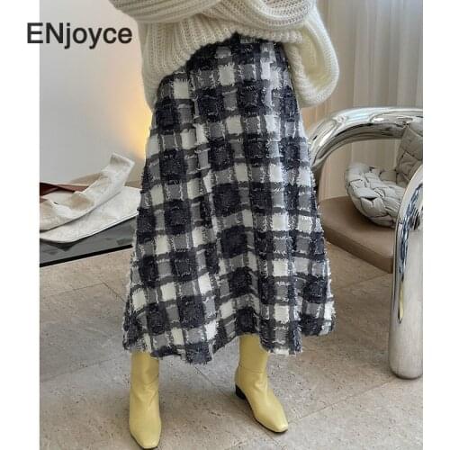 Vintage Romantic Checkered A-shaped Flared Skirt Women High Waist A-line Skirts French Style Ladies Casual Plaid Long Dress Fall