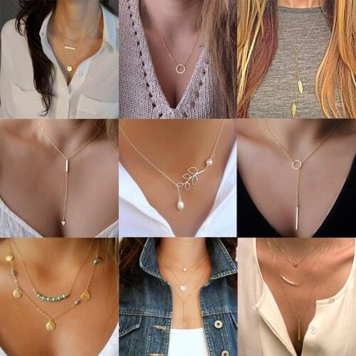 LIMARIO Vintage Multilayer Crystal Pendant Necklace Women Gold Color Beads Leaves Crescent Choker Necklaces Jewelry New