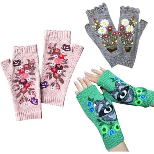 Vintage Knitted Gloves with Embroidery Floral Mittens Fingerless Girls Women Warm Half Finger Hand Warmers