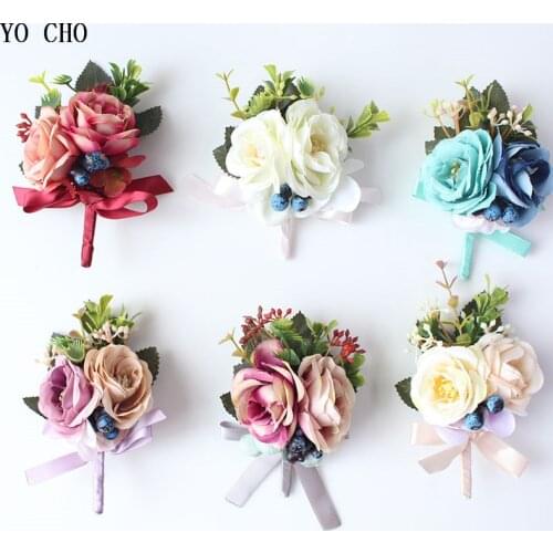 YO CHO Artificial Flower Wedding Groom Boutonniere Buttonhole Silk Flowers Corsage Bracelet Bridesmaid Wedding Marriage Pin