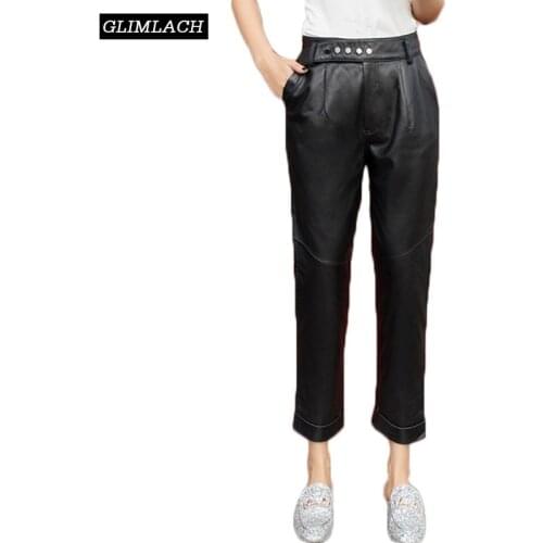 2020 Luxury Lambskin Genuine Leather Harem Pants Women High Quality Elastic Waist Real Leather Pants Female Casual Streetwear