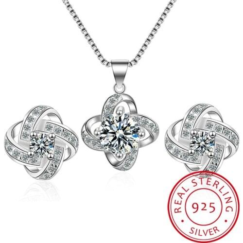 2019 Bijoux New Bridal Jewelry Sets 925 Sterling Silver Long Statement Clover Choker Necklaces Zirconia Earrings for Women Gift