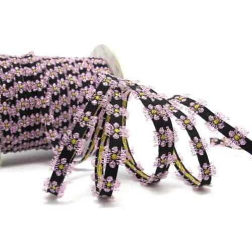 3 Yards 3/8 Inches Black with Pink Shinny Woven Flower Shape Embroidery Trim||Curtain Decoration|Supplies|Ribbon Trim|Clothing