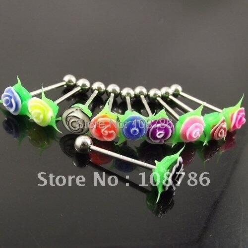 50pcs free shipping Wholesale Fashion green leaves rose tongue ring flower tongue nail Barbell body piercing jewelry