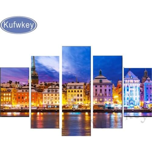 5 Piece diamond painting Amsterdam City night scene diamond embroidery full square round drill puzzles gifts for Wall Decor