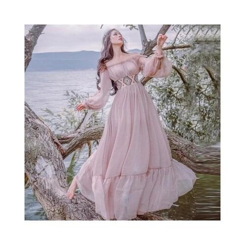 Free ship waist embroidery vintage fairy long dress medieval dress Renaissance lace Gown princess costume Victorian dress