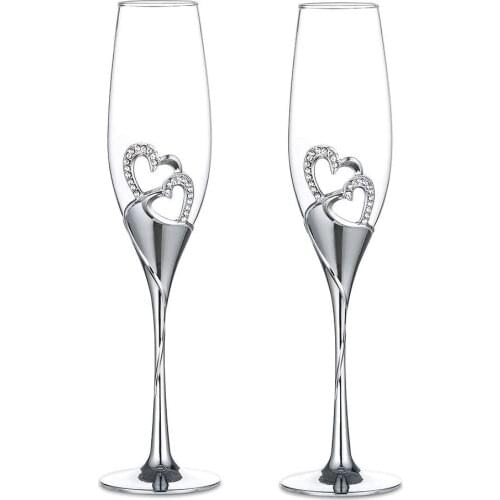 Toasting Wedding Glasses For Bride And Groom,Wedding Decorations With Rhinestone Rimmed Hearts Decoration For Ceremony Champagne
