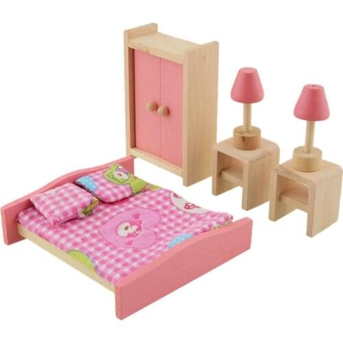 Wooden Dollhouse Doll Furniture Bedroom Girl Play Pretend Toy Kid Mini Double Bed Furniture Dollhouse Miniature Toy Child Gifts