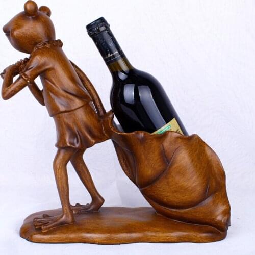 Imitation Wooden Frog Dragging Lotus Leaves Figurines Home Decor Handicranfts Wine Rack Wine Holder Resin Ornaments Desk Decor