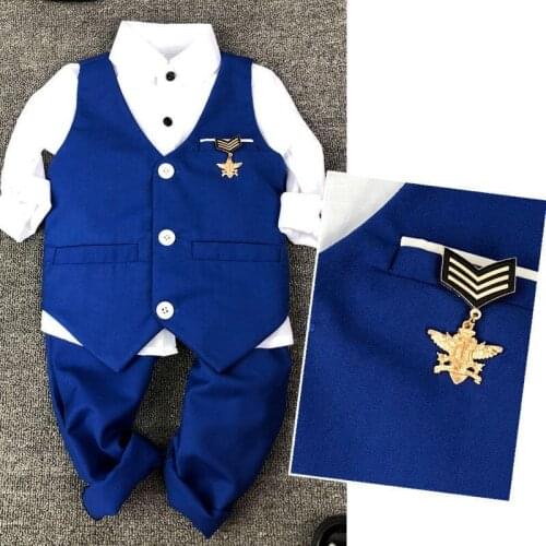 New Spring Baby Boys Formal Dress Outfits For Wedding Party Prom Blue Children Clothing Sets Vest Pants Shirt Brooch 4Pcs,C112