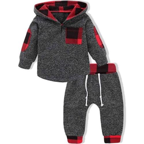 Infant Baby Boy Clothing Set Leisure Sport Suit Hooded Sweatshirt Casual Pants 2Pcs/Set Cool Style Plaid Outfit Toddler Baby Set
