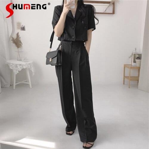 Office Lady Black Gray Blazer Suit Vintage Women Long Sleeve Short Blazers High Waist Wide Leg Long Pants Suits 2 Pieces Outfits