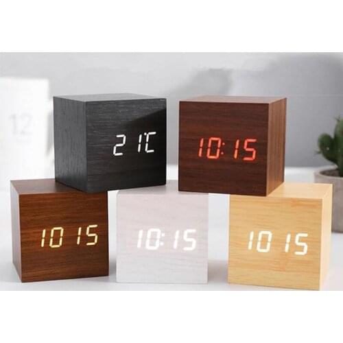 Multifunction Creativity Digital Wooden LED Alarm Clock Wood Clocks Desktop Table Decor Voice Control Snooze Function Desk Tools