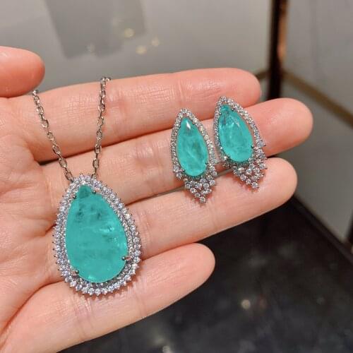 QTT Fashion Set For Women Luxury Huge Paraiba Tourmaline Gemstone Necklace Stud Earrings 925 Sterling Silver Wedding Accessories