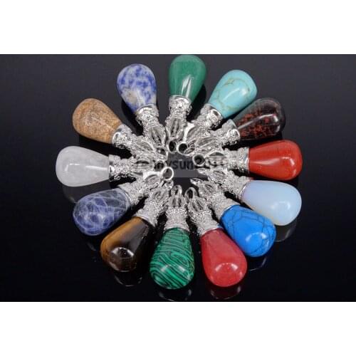 Natural Gems Stone Teardrop Drop Reiki Chakra Pendant Charms Beads Silver Plated 10Pcs/Pack