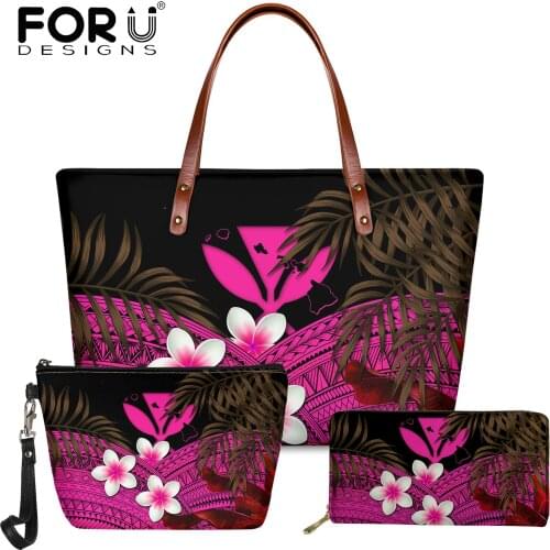 FORUDESIGNS New Fashion Lady Handbag Set and Wallet Makeup Bag Maoli Tribal Plumeria Printing Shoulder Bag for Woman Leather Bag