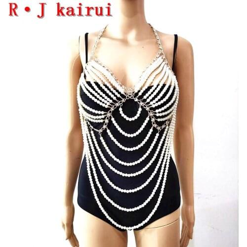 New RJPE07 Fashion Women Gold Rhinestone Chains Layers Imitation Pearls Top Bra Chains Body Costume Jewelry 2 Colors