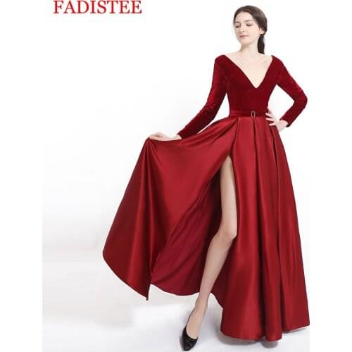 New arrival V-neck long sleeves vestidos de fiesta prom party Evening Dresses robe de soiree ballkleid side slit velour