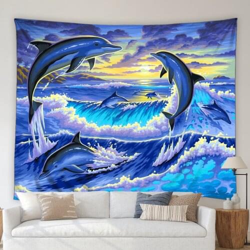 Ocean Animals Tapestry Dolphin Whale Sea Turtle Ocean Wave Tropical Plants Palm Tree Living Room Bedroom Wall Hanging Blanket