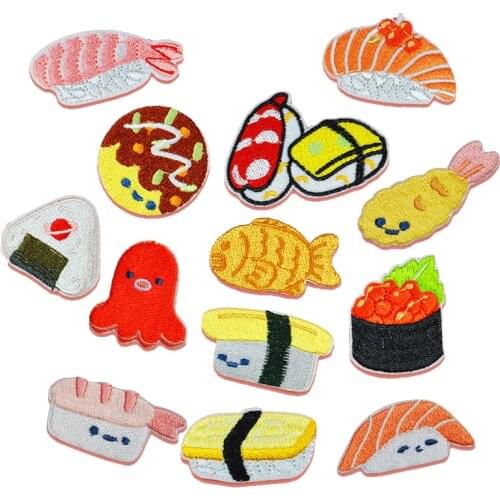 Octopus Sushi Pizza Embroidery Patch Ironing on Japanese Food Cute Appliques Clothes Stickers Badges for Bags Shoes Scrapbook