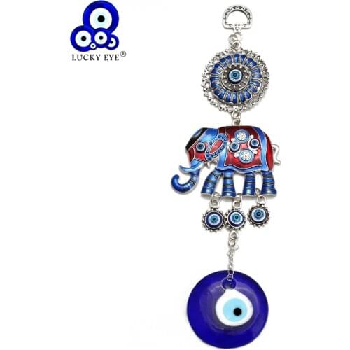 Lucky Eye Alloy Elephant Glass Blue Turkish Evil Eye Pendant Charm Wall Hanging Decorations for Home Living Room Car BE230