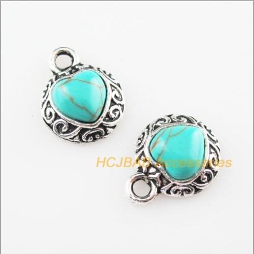 10 New Flower Heart Charms Stone Tibetan Silver Pendants Retro 13x16mm