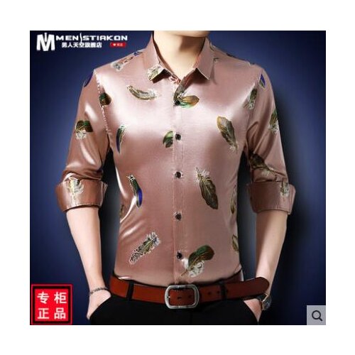Satin long sleeves shirt men streetwear Spring and summer men thin shirts Loose printed silk homme camisetas camisas de hombre