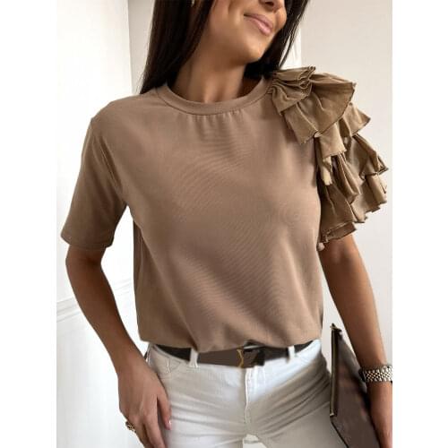 Elegant Chic One-Shoulder Layered Ruffle Shirts Summer Office Lady Casual Solid Blouses Women Fashion O Neck Short Sleeve Blusas