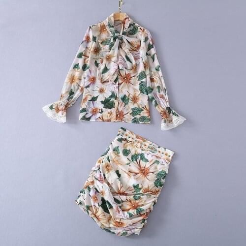 European and American womens clothing new 2021 spring Long sleeved floral print shirt Pleated skirt Fashion suits