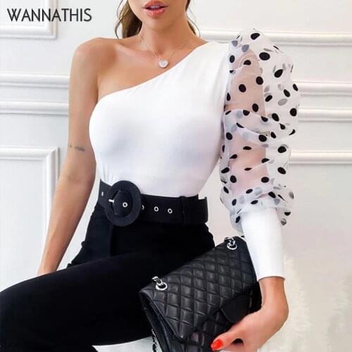 WannaThis Puff Sleeve Patchwork Dot Print Women Blouse Elegant Sexy One-Sleeve Skew Neck Off Shoulder Slim Fashion Spring New