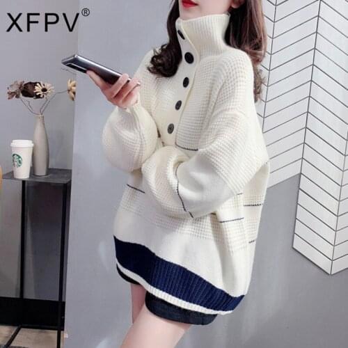 XFPV 2021 Autumn Winter New Korean Fashion Women Clothing Turtleneck Sweater Loose Lazy Style Thick Knitted Pullover Top LY96