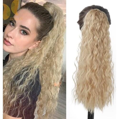 XINRAN Corn Wavy Long Ponytail Synthetic Wrap on Clip Hairpiece Hair Extensions Ombre Brown Ponytail Blonde Black Fack Hair