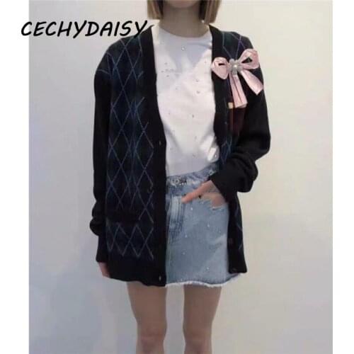 Women cardigans Argyle plaid v neck casual bow pocket autumn winter full sleeve red green vintage knitted outwear mujer suéteres