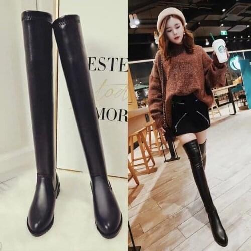 2020 Womens Pu Leather Over-the-knee Thin Flat-bottomed Low-mid-heeled Over-the-knee Long High-barrel Elastic Boots