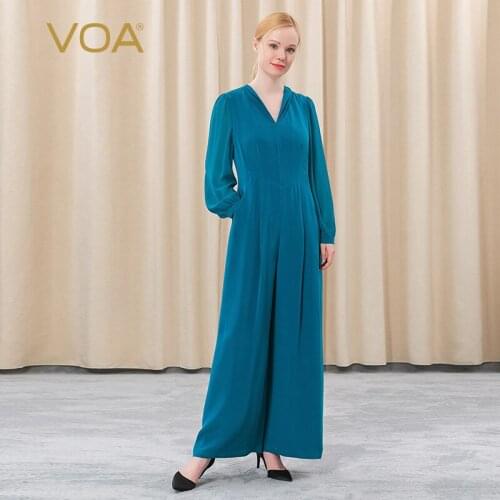 VOA 30m/m Silk Pants for Women Three-layer Lapel Lantern Sleeve Bump Splicing OL Joker Straight Breathable Jumpsuit KE202