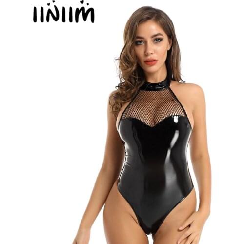 Womens Leather Latex Mesh Patchwork Cocktail Party Bodysuit Bodycon Lingerie Teddies Backless Zipper Closure Clubwear Costumes