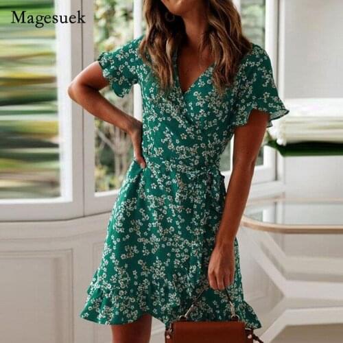 Summer 2021 Sexy Wrap Sundress Women Dresses V Neck Floral Print Beach Dress Ruffle Short Sleeve A Line Mini Dress Robe 15890