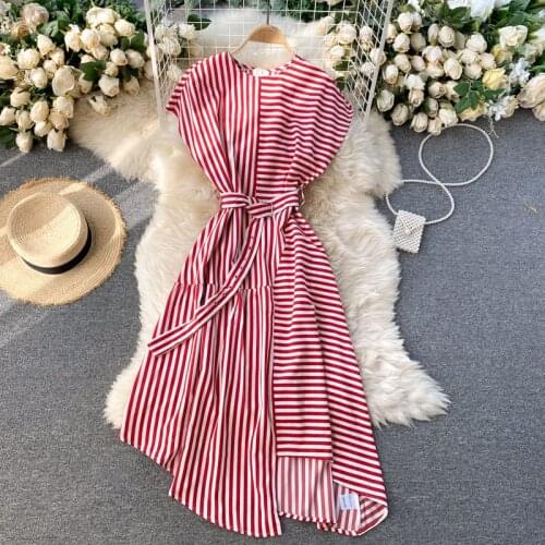 Spring Fashion Striped Stitching Vestidos Female Round Neck Sleeveless Lace-up Waist Thin Irregular Temperament Midi Dress C585