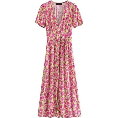 New Summer Women Dress Elegant Floral Print Ruched Split Short Sleeve Elastic Waist V Neck Casual Midi Dresses Beach Party