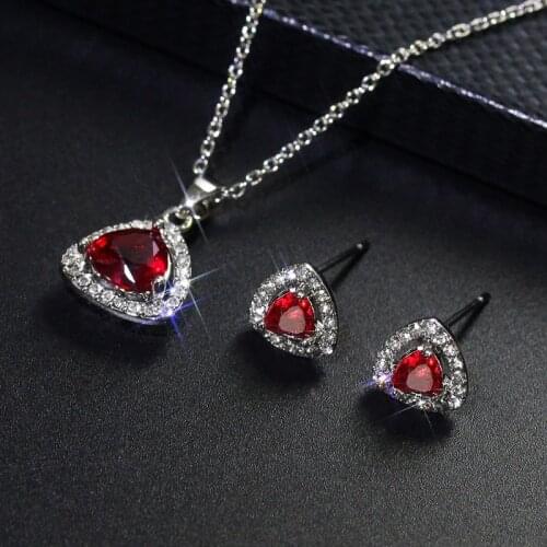 Fat Triangle Red Lover Heart Crystal Jewelry Sets Cubic Zirconia Stone Stud Earrings Pendant Necklaces Set for Women